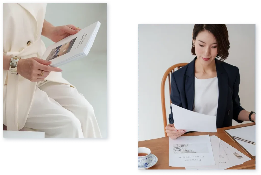 書類を手にする女性と、デスクで資料を確認する女性の写真