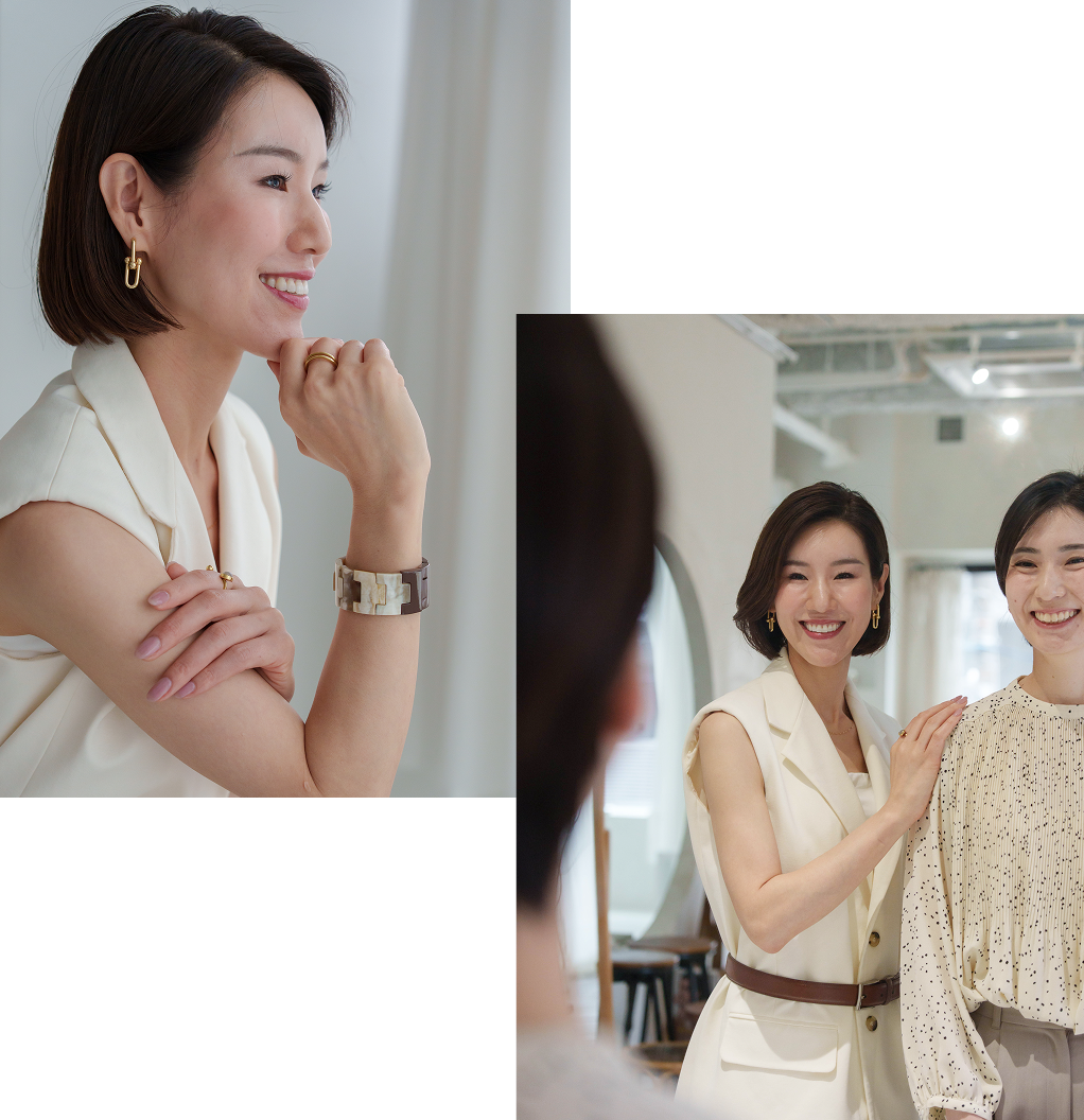 頬に手を添える女性のポートレートと、サロンでスタッフと向き合う女性の写真を組み合わせたPULIRのイメージ画像